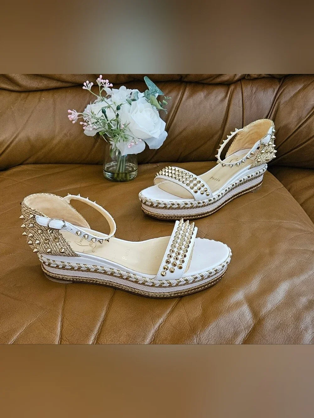 Christian Louboutin Espadrille Spike-Studded Spikes Wedge Sandals Size 7 US